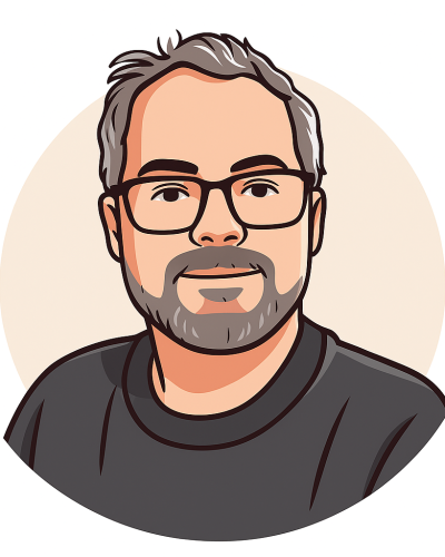 Illustration of Matt – glasses, grey beard, dark t-shirt