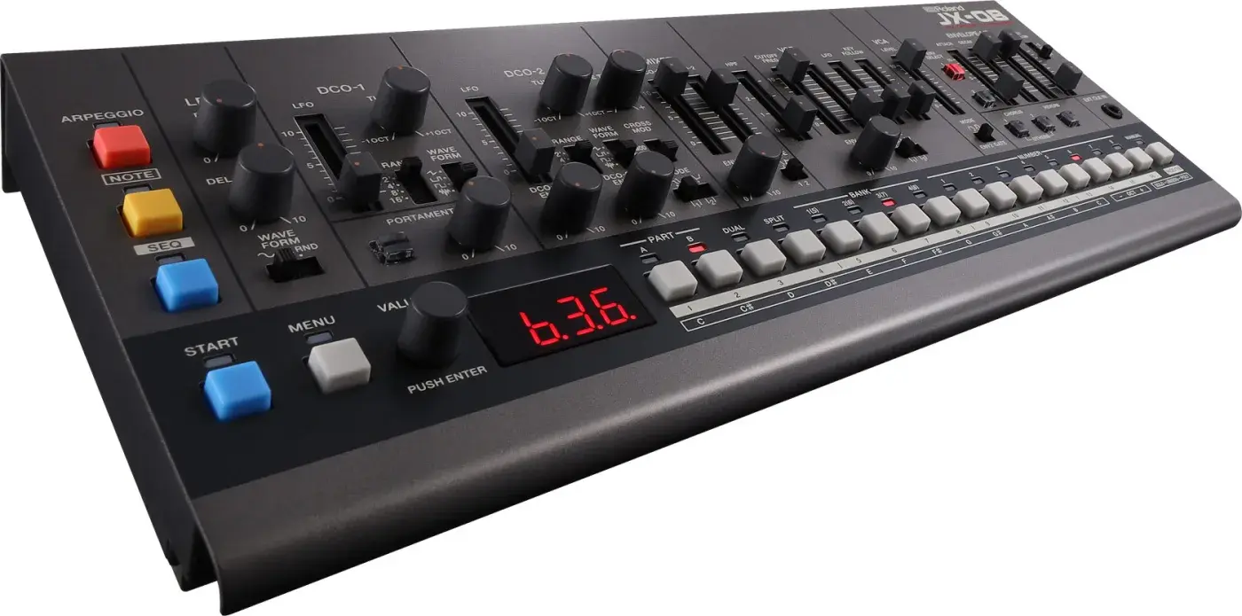 Roland JX-08 synthesizer, front