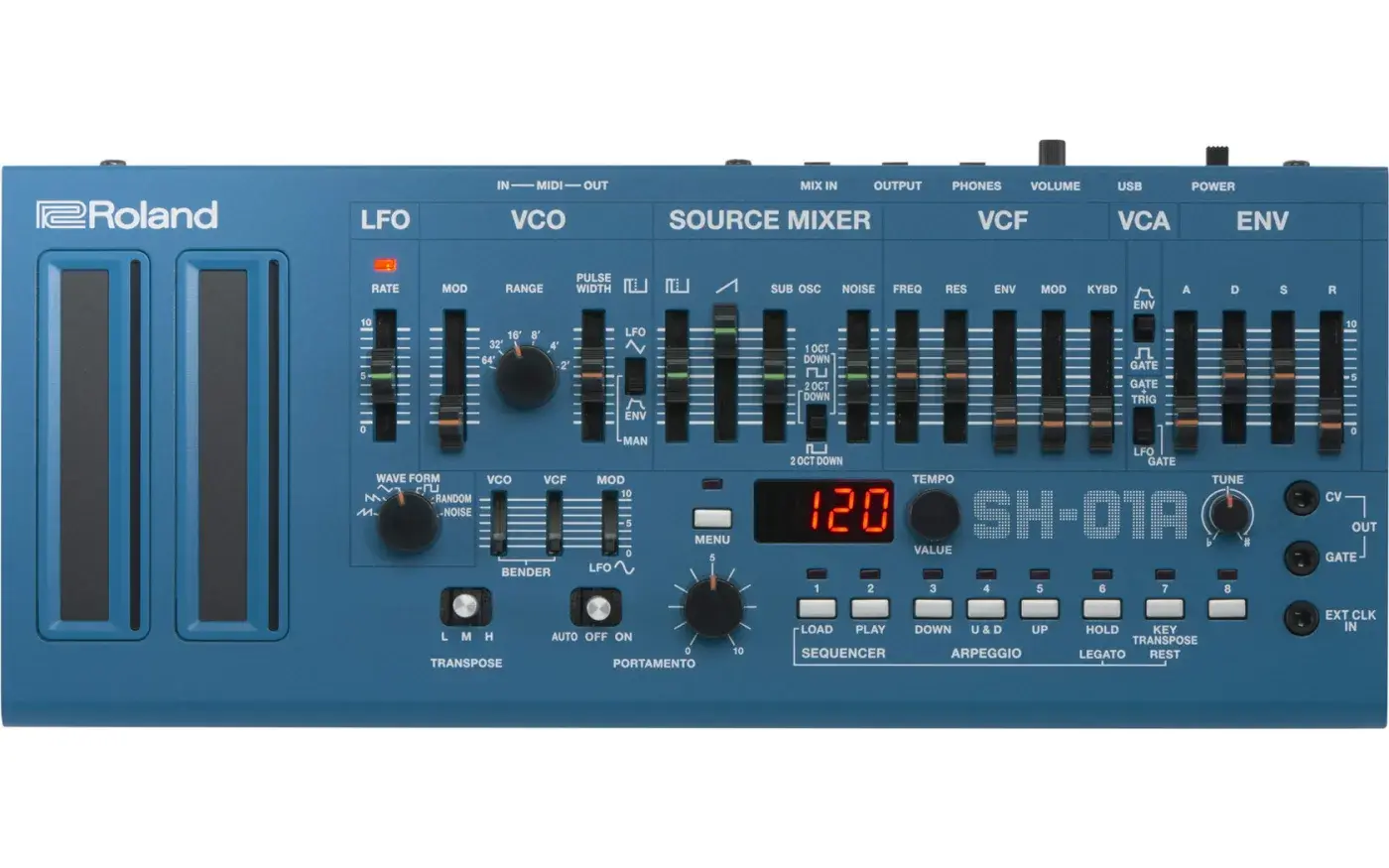 Roland SH-01A synthesizer, front